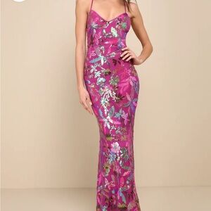 Lulu’s Prom Dress- Glittering Icon Magenta Iridescent Sequin Lace-Up Maxi Dress